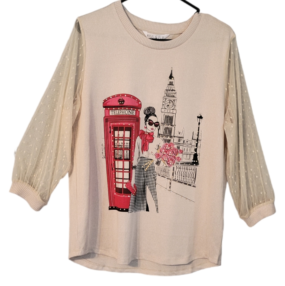 Kiss & Fly Womens  Graphic Top Blouse Size XL 3/4 Sleeves